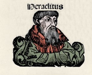 Portret van de Griekse filosoof Heraclitus van Efeze (576-480 v.Chr.). Houtsnede uit 