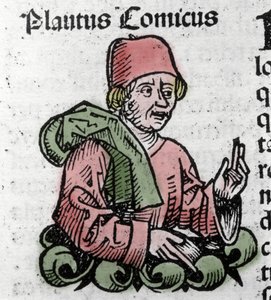 Portret van de komische auteur Plautus (Titus Maccius Plautus) (259/251-184 v.Chr.) Houtsnede van 