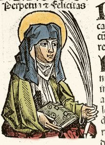 Voorstelling van Sint Perpetuus, martelaarschap in Carthago. Houtsnede van Hartmann Schedel 