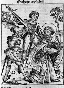 Afbeelding van de evangelist Sint Mattheüs. Gravure uit 