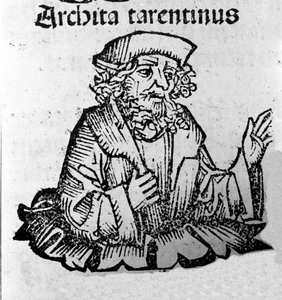 De Griekse filosoof Archytas van Tarente (435-347 v.Chr.), Pythagoreïsche filosoof, wiskundige, astronoom. Houtsnede uit 