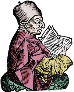 De historicus en theoloog Beda de Eerbiedwaardige (673-735) (Beda Venerabilis). Houtsnede uit 