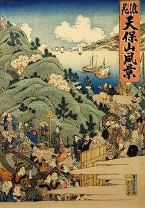 Uitzicht op de berg Tempo in Osaka Naniwa Tempozan fukei door Hasegawa Sadamasu