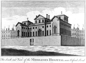 Het Zuidoostelijke Uitzicht van het Middlesex Ziekenhuis, 1745 door Haynes King