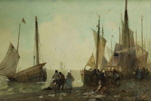 Vissersboten lossen op de kade, Bretagne door Hector Caffieri