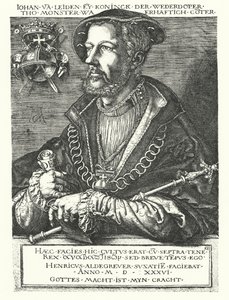 Jan van Leiden, Nederlandse wederdoper en een van de leiders van de Münsterse Opstand van 1534-1535 (gravure) door Heinrich (after) Aldegrever