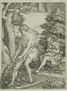 Adam en Eva aan het Werk, uit Het Verhaal van Adam en Eva door Heinrich Aldegrever