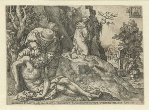 Barmhartige Samaritaan verzorgt de wonden door Heinrich Aldegrever