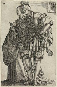 Dansend paar, plaat negen uit De grote bruiloftsdansers door Heinrich Aldegrever