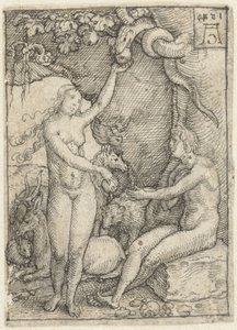 Eva reikt Adam de Appel onder de boom met de slang (Ontwerptekeningen voor de serie gravures De Macht van de Dood) door Heinrich Aldegrever