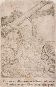 Hercules draagt de zuilen van Gades, uit de serie:  De Werken van Hercules (12) door Heinrich Aldegrever