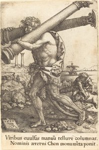 Hercules draagt de twee zuilen van Gaza, 1550 door Heinrich Aldegrever