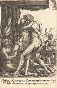 Hercules voorkomt de verkrachting van Hippodamia door de centauren door Heinrich Aldegrever