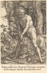 Hercules doodt de leeuw van Nemea door Heinrich Aldegrever