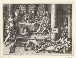 Lazarus bedelt aan de deur van de rijke man door Heinrich Aldegrever