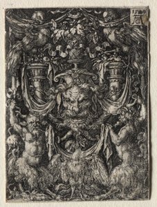 Ornamentontwerp met een masker en een adelaar tussen twee faunen beneden door Heinrich Aldegrever