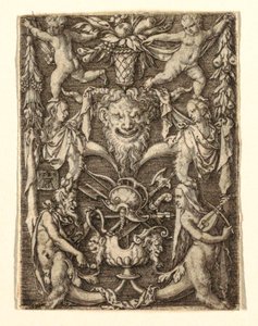 Ornament met Masker en Groteske Figuren door Heinrich Aldegrever