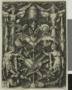 Ornamentaal ontwerp met een vleermuis in het midden door Heinrich Aldegrever