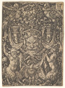 Ornamentaal ontwerp met een masker en een adelaar tussen twee faunen beneden, 1549 door Heinrich Aldegrever