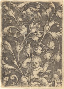 Scroll ornament met zittend kind, 1532 door Heinrich Aldegrever