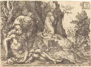De barmhartige Samaritaan die de reiziger helpt, 1554