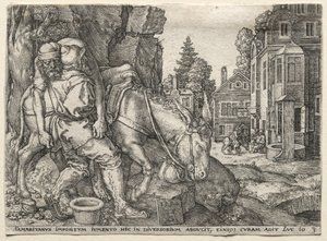 De gelijkenis van de barmhartige Samaritaan: De barmhartige Samaritaan zet de reiziger op zijn ezel, 1554 door Heinrich Aldegrever