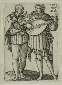 Twee muzikanten die viool en luit spelen, plaat één uit de Kleine bruiloftsdansers door Heinrich Aldegrever