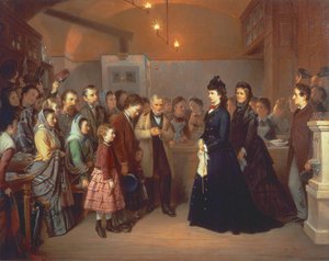 De keizerin Elisabeth van Oostenrijk bezoekt een gaarkeuken in de Schoenlaterngasse door Heinrich August Mansfeld