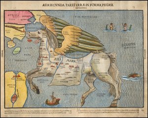 Ca. 1581 picturale kaart door Heinrich Bünting, met afbeelding van Azië als Pegasus