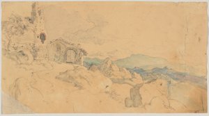 Berglandschap met hut en ruïne door Heinrich Burkel