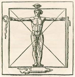 Man in een vierkant omringd door symbolen van het oog, slang, zeven sectie staf en schild. Gravure uit De occulta philosophia libri tres door Heinrich Cornelius Agrippa von Nettesheim