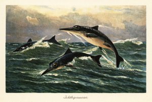 Uitgestorven ichthyosauriërs springen boven de oceaan door Heinrich Harder
