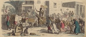 Een oude Egyptische farao vertrekt naar de oorlog (gekleurde gravure) door Heinrich Leutemann