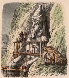 Oud Egypte: Beeldhouwwerk van een standbeeld van de Abu Simbel Tempel, 1866 door Heinrich Leutemann