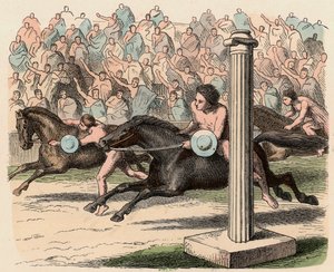 Oud Griekenland: Sport: Op- en afstijgen van een paard in volle vaart
