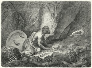 Aristomenes ontsnapt uit de put waarin hij door de Spartanen was gegooid (gravure) door Heinrich Leutemann