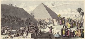 Bouw van de piramides in het oude Egypte (gekleurde gravure) door Heinrich Leutemann
