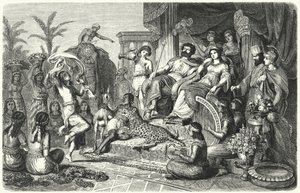 Hofscène uit een van de Hellenistische koninkrijken die het rijk van Alexander de Grote werd verdeeld na zijn dood (gravure)