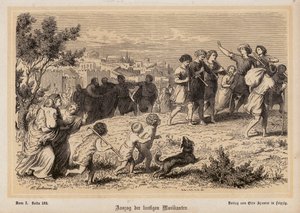Vertrek van een groep Romeinse muzikanten door Heinrich Leutemann