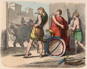 Griekenland ten tijde van de Republieken: Krijgers dragen hun wapenrusting door Heinrich Leutemann