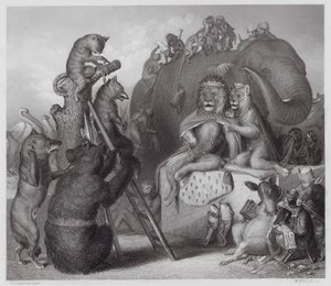 Reynard de vos: Reynard op de plaats van executie (gravure)