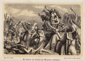Vrouwen van de Cimbri en Teutonen verdedigen hun bagagetrein tegen de Romeinen (gravure) door Heinrich Leutemann