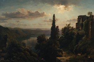 Uitzicht op het Nemimeer in het Albaanse gebergte bij Rome door Heinrich Louis Theodor Gurlitt