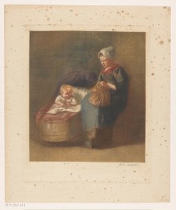 Handwerkende vrouw naast een kind een wieg door Heinrich M. Krabbé (signed by artist)