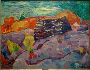 Landschap met houtstapel door Heinrich Nauen