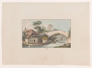Gezicht op een huis bij een brug te Orbe door Heinrich Rieter