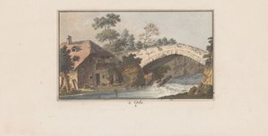 Huis naast een brug over een rivier te Orbe door Heinrich Rieter