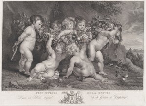 Zeven putti die een slinger van fruit dragen