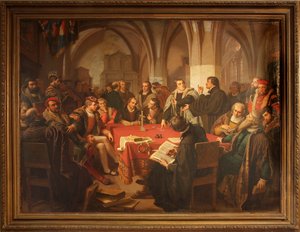 August Noack religieuze dialoog in kasteel Marburg 1869 met lijst door Heinrich Stürzl