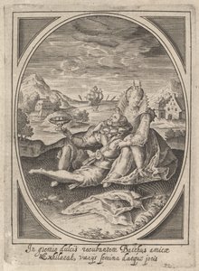 Een koppel zittend op de grond, de man houdt een beker vast en leunt tegen de..., ca. 1585-1621 door Heinrich Ulrich